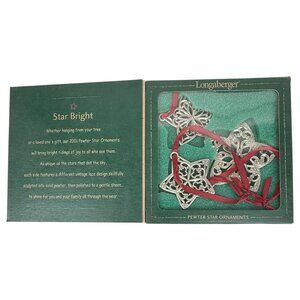 New 2001 Longaberger Pewter Star Ornament Set Of 3 Red Ribbon In Original Box